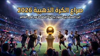 صورة توضيحية تظهر جائزة الكرة الذهبية في ملعب مضاء مع نص بارز يشير إلى صراع المرشحين لجائزة الكرة الذهبية 2026.