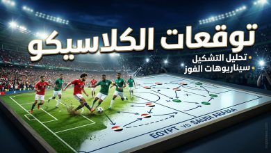 صورة تصميمية تدمج بين لوحة الخطط التكتيكية وملعب كرة قدم تحت الأضواء الكاشفة مع نص بارز يعرض توقعات الكلاسيكو بين مصر والسعودية.