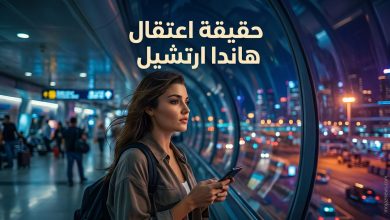 صورة احترافية للفنانة التركية هاندا ارتشيل تعبر عن الجدية والتفكير وسط أنباء عن قضية قانونية، مع خلفية لمدينة ليلاً