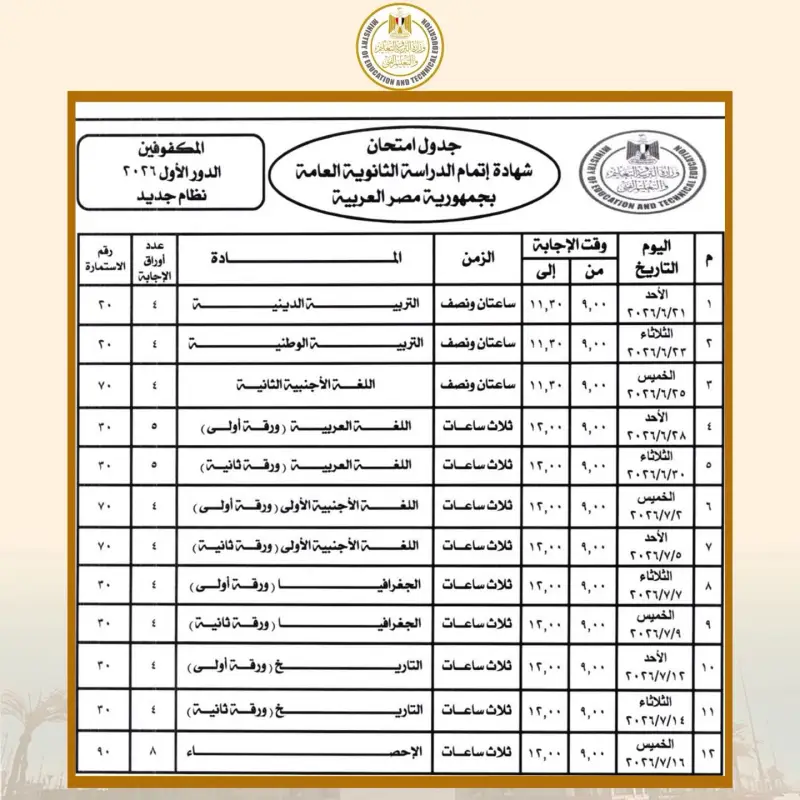 الجدول الرسمي لامتحانات الثانوية العامة المصرية 2026