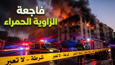 سيارات الإطفاء وشريط الشرطة في موقع حريق الزاوية الحمراء.