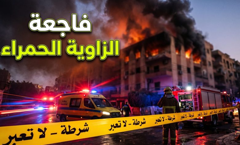 سيارات الإطفاء وشريط الشرطة في موقع حريق الزاوية الحمراء.