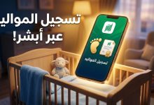 شاشة هاتف ذكي تعرض خدمة تسجيل المواليد عبر منصة أبشر بجوار سرير طفل