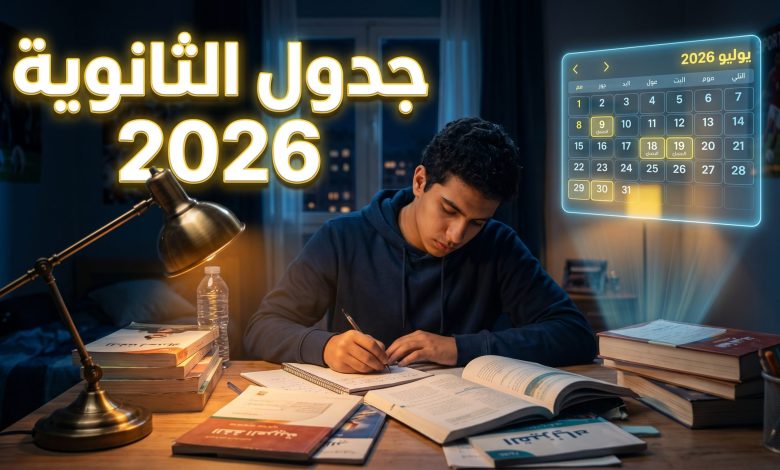 طالب يذاكر وخلفه تفاصيل جدول امتحانات الثانوية العامة 2026 نظام قديم