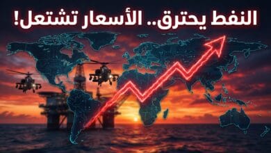 لوحة أرقام تظهر ارتفاع أسعار النفط العالمية وخام برنت وسط خلفية لمنشآت نفطية وسفن حربية