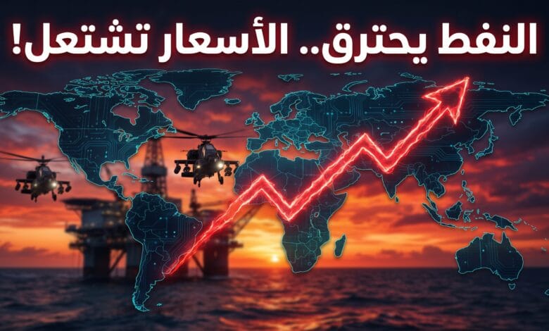 لوحة أرقام تظهر ارتفاع أسعار النفط العالمية وخام برنت وسط خلفية لمنشآت نفطية وسفن حربية