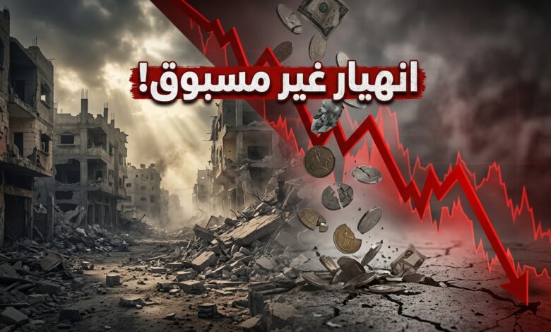 رسوم بيانية منهارة تندمج مع دمار المباني تعبيراً عن انهيار الاقتصاد الفلسطيني