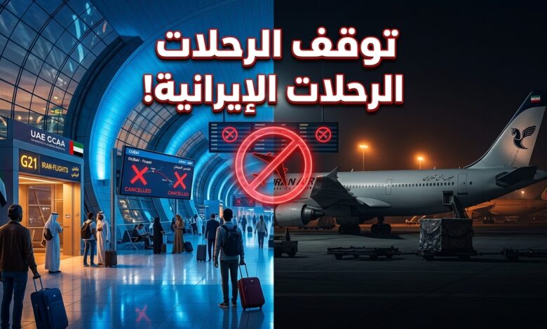 لوحة عرض رحلات الطيران تشير إلى تعليق رحلات الطيران الإيرانية في الإمارات