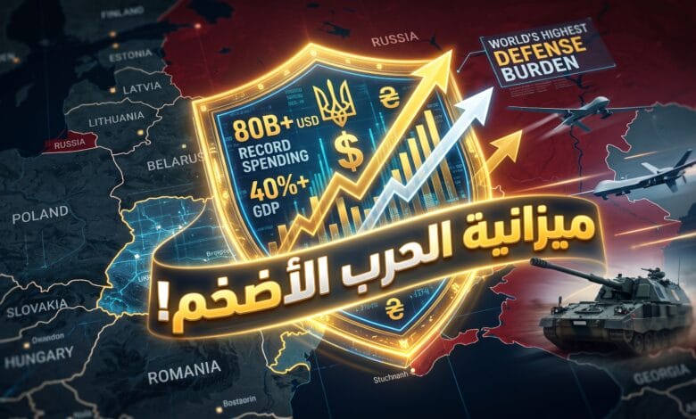 رسوم بيانية مالية وعناصر عسكرية تعبر عن الإنفاق الدفاعي القياسي لأوكرانيا لعام 2027