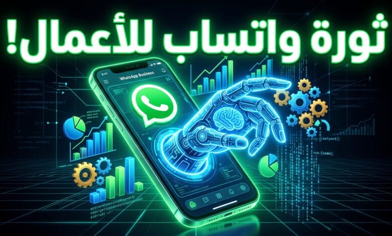 هاتف ذكي يعرض شعار واتساب للأعمال مع ذكاء اصطناعي يقوم بإدارة المهام والعمليات التجارية