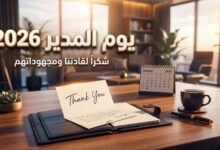 بطاقة شكر أنيقة ومكتب فخم تمثل عبارات عن يوم المدير العالمي 2026