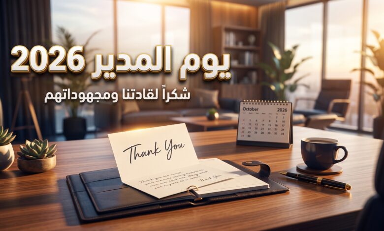 بطاقة شكر أنيقة ومكتب فخم تمثل عبارات عن يوم المدير العالمي 2026