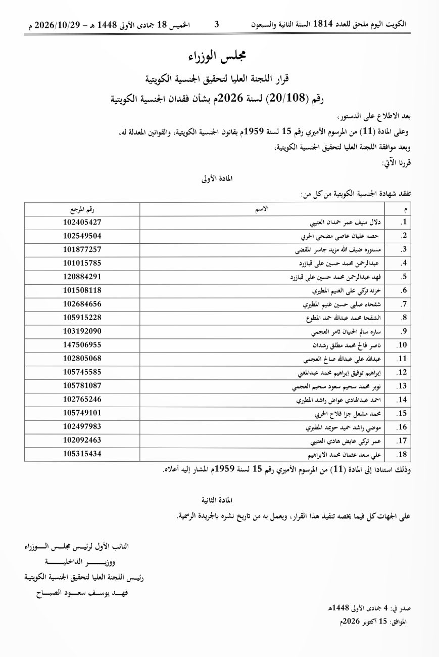 أسماء سحب الجنسية الكويتية اليوم الخميس 29 أكتوبر 2026
